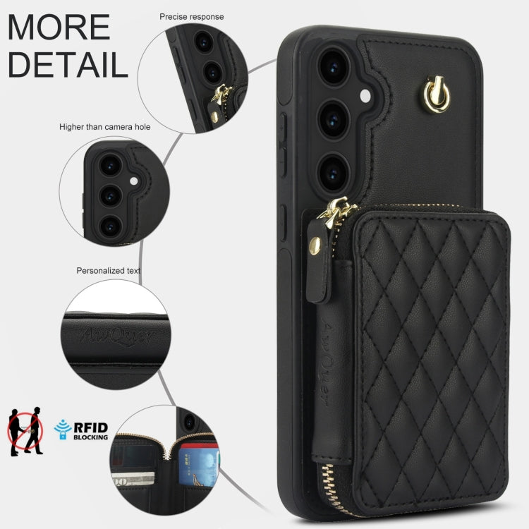 Pour Samsung Galaxy S23 FE 5G Étui de téléphone arrière en cuir losange à fermeture éclair AwQuer Crossbody (Noir)