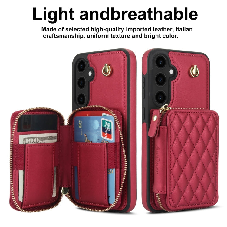 For Samsung Galaxy S23 FE 5G AwQuer Crossbody Zipper Wallet Rhombic Leather Back Phone Case(Red)