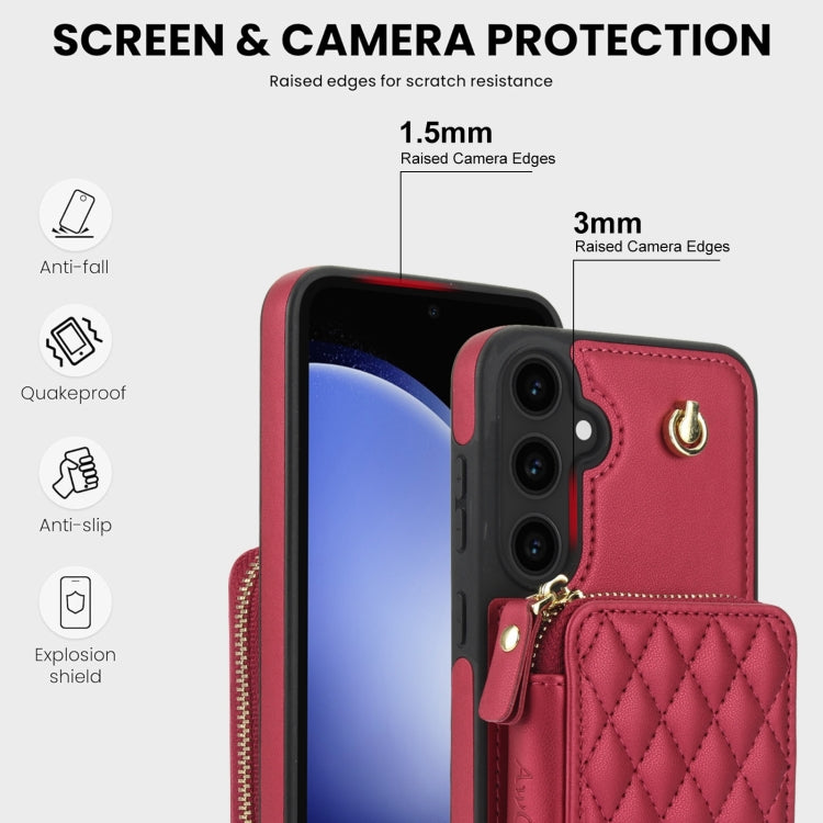For Samsung Galaxy S23 FE 5G AwQuer Crossbody Zipper Wallet Rhombic Leather Back Phone Case(Red)
