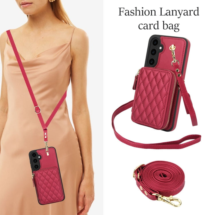 For Samsung Galaxy S23 FE 5G AwQuer Crossbody Zipper Wallet Rhombic Leather Back Phone Case(Red)