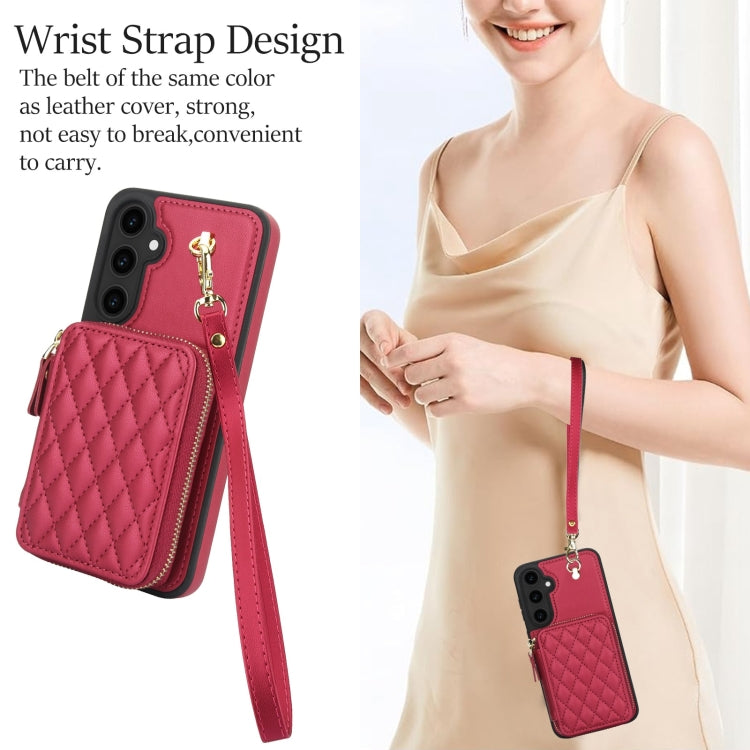 For Samsung Galaxy S23 FE 5G AwQuer Crossbody Zipper Wallet Rhombic Leather Back Phone Case(Red)