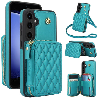 For Samsung Galaxy S23 FE 5G AwQuer Crossbody Zipper Wallet Rhombic Leather Back Phone Case(Green)