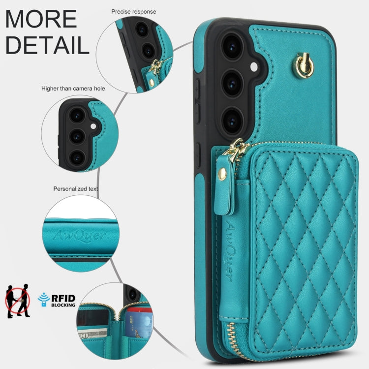 For Samsung Galaxy S23 FE 5G AwQuer Crossbody Zipper Wallet Rhombic Leather Back Phone Case(Green)