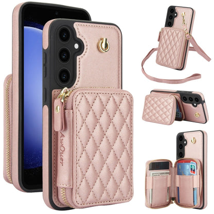 For Samsung Galaxy S23 FE 5G AwQuer Crossbody Zipper Wallet Rhombic Leather Back Phone Case(Rose Gold)