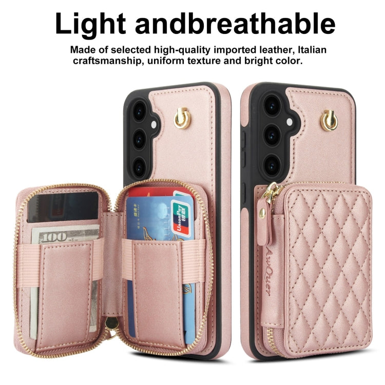 For Samsung Galaxy S23 FE 5G AwQuer Crossbody Zipper Wallet Rhombic Leather Back Phone Case(Rose Gold)