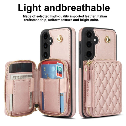 For Samsung Galaxy S23 FE 5G AwQuer Crossbody Zipper Wallet Rhombic Leather Back Phone Case(Rose Gold)
