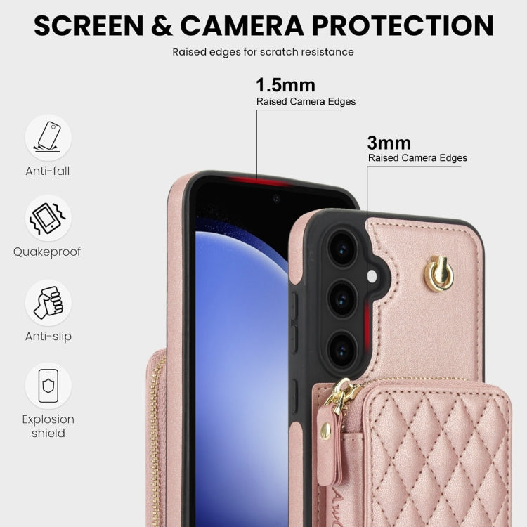 For Samsung Galaxy S23 FE 5G AwQuer Crossbody Zipper Wallet Rhombic Leather Back Phone Case(Rose Gold)