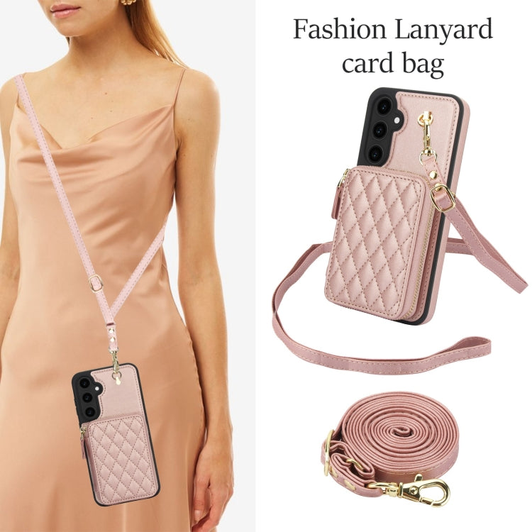For Samsung Galaxy S23 FE 5G AwQuer Crossbody Zipper Wallet Rhombic Leather Back Phone Case(Rose Gold)