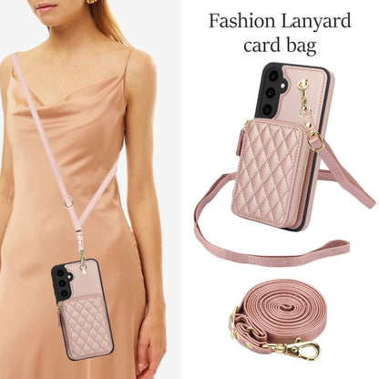 For Samsung Galaxy S23 FE 5G AwQuer Crossbody Zipper Wallet Rhombic Leather Back Phone Case(Rose Gold)