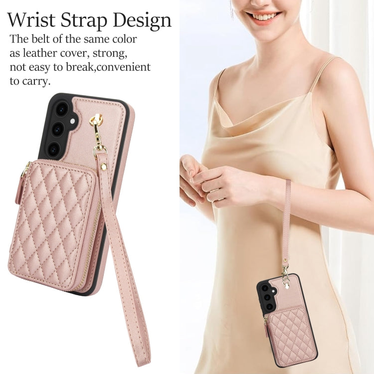 For Samsung Galaxy S23 FE 5G AwQuer Crossbody Zipper Wallet Rhombic Leather Back Phone Case(Rose Gold)