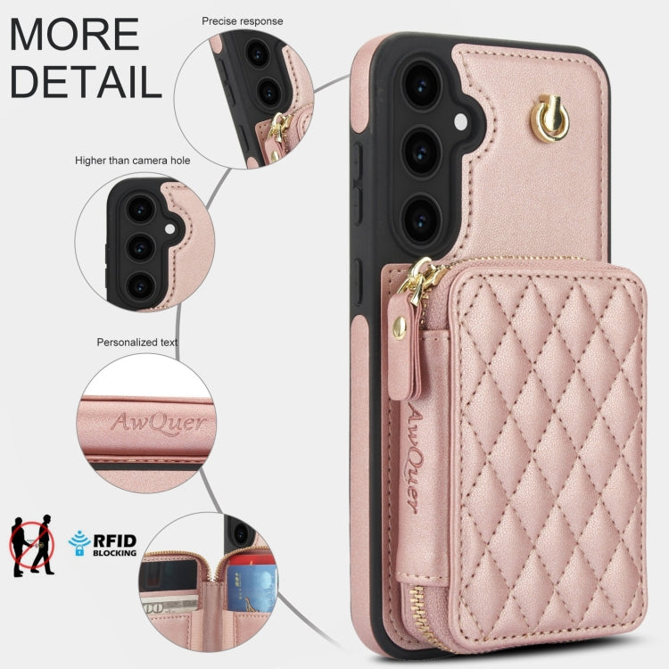 For Samsung Galaxy S23 FE 5G AwQuer Crossbody Zipper Wallet Rhombic Leather Back Phone Case(Rose Gold)