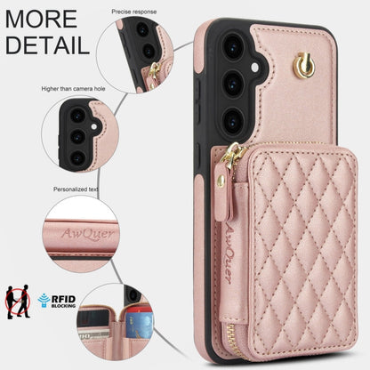 For Samsung Galaxy S23 FE 5G AwQuer Crossbody Zipper Wallet Rhombic Leather Back Phone Case(Rose Gold)