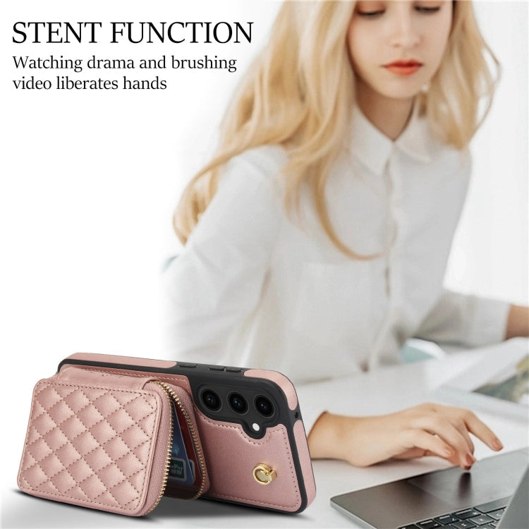 For Samsung Galaxy S23 FE 5G AwQuer Crossbody Zipper Wallet Rhombic Leather Back Phone Case(Rose Gold)