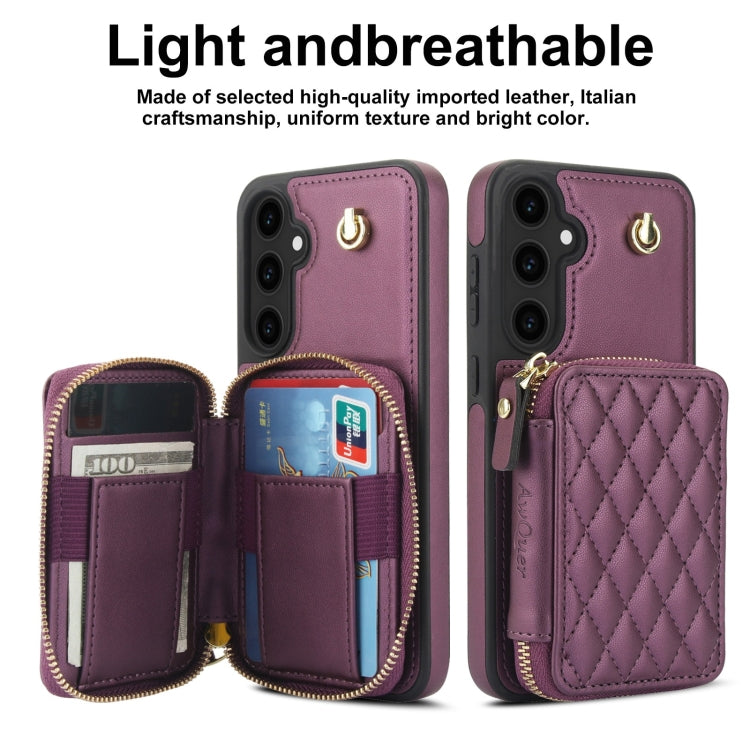 For Samsung Galaxy S23 FE 5G AwQuer Crossbody Zipper Wallet Rhombic Leather Back Phone Case(Dark Purple)
