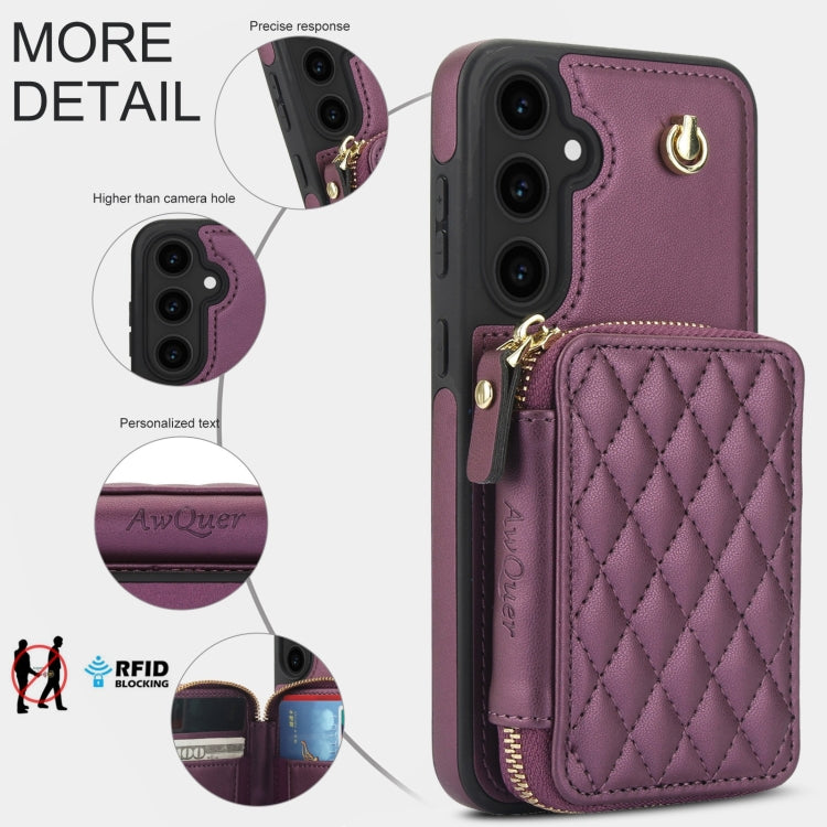 For Samsung Galaxy S23 FE 5G AwQuer Crossbody Zipper Wallet Rhombic Leather Back Phone Case(Dark Purple)