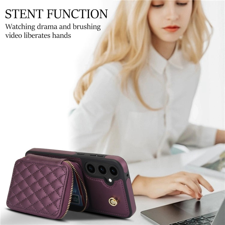 For Samsung Galaxy S23 FE 5G AwQuer Crossbody Zipper Wallet Rhombic Leather Back Phone Case(Dark Purple)