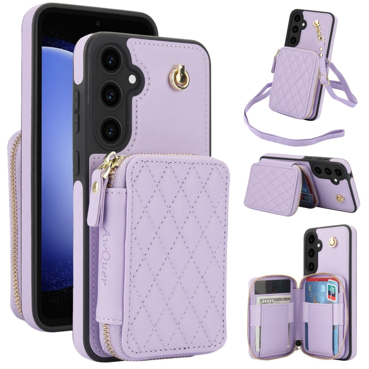 For Samsung Galaxy S23 FE 5G AwQuer Crossbody Zipper Wallet Rhombic Leather Back Phone Case(Purple)