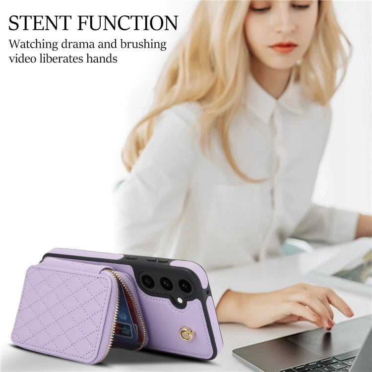 For Samsung Galaxy S23 FE 5G AwQuer Crossbody Zipper Wallet Rhombic Leather Back Phone Case(Purple)