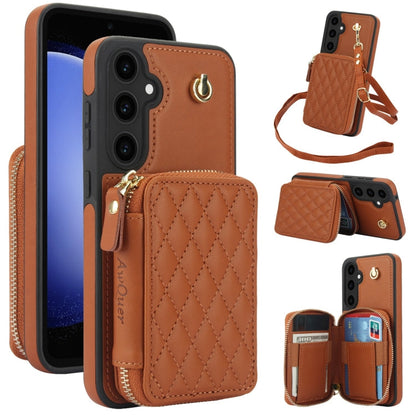 For Samsung Galaxy S23 FE 5G AwQuer Crossbody Zipper Wallet Rhombic Leather Back Phone Case(Brown)