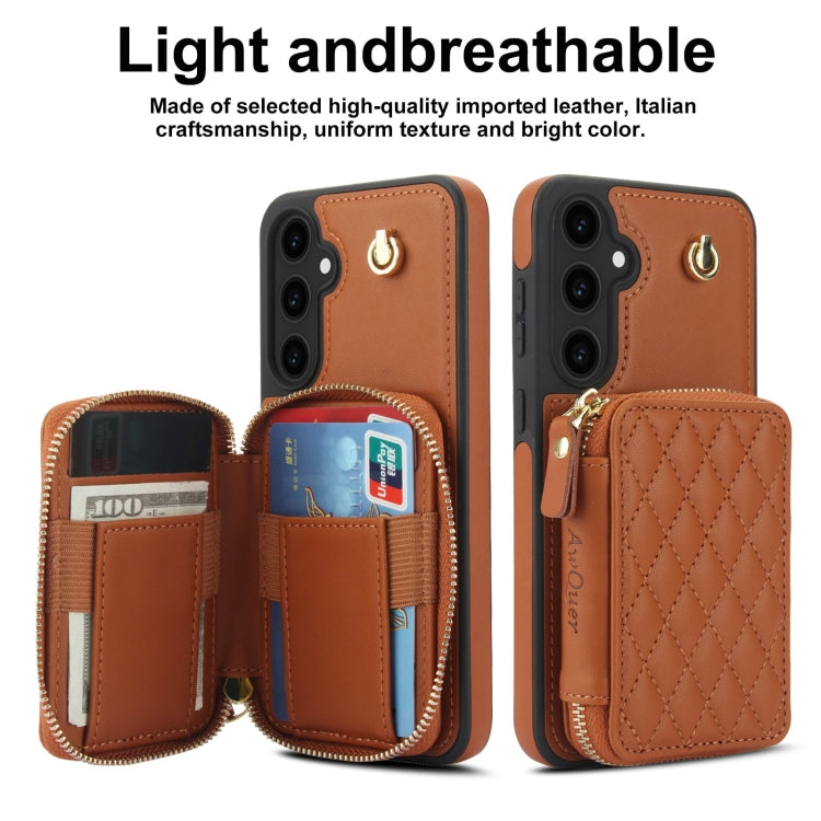 For Samsung Galaxy S23 FE 5G AwQuer Crossbody Zipper Wallet Rhombic Leather Back Phone Case(Brown)