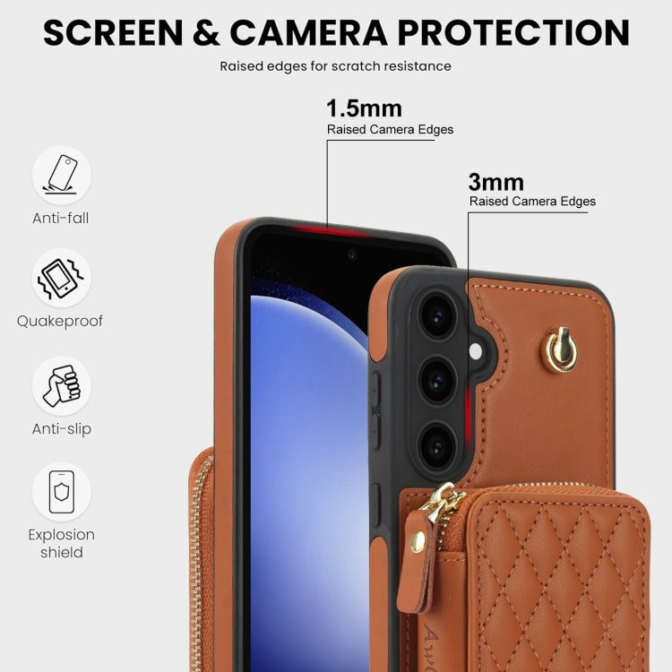 For Samsung Galaxy S23 FE 5G AwQuer Crossbody Zipper Wallet Rhombic Leather Back Phone Case(Brown)