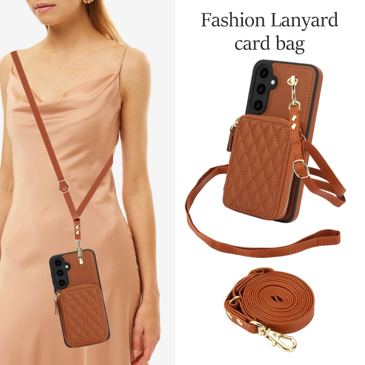 For Samsung Galaxy S23 FE 5G AwQuer Crossbody Zipper Wallet Rhombic Leather Back Phone Case(Brown)