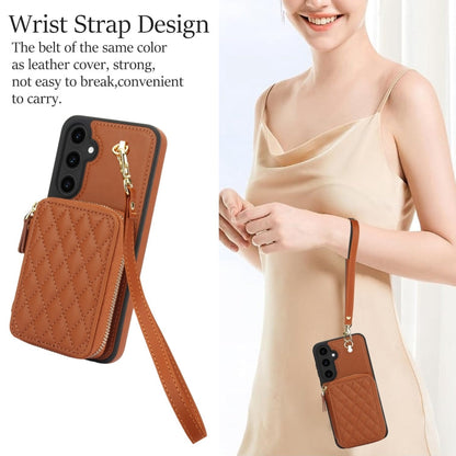 For Samsung Galaxy S23 FE 5G AwQuer Crossbody Zipper Wallet Rhombic Leather Back Phone Case(Brown)