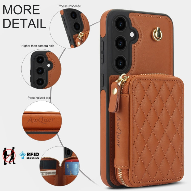 For Samsung Galaxy S23 FE 5G AwQuer Crossbody Zipper Wallet Rhombic Leather Back Phone Case(Brown)