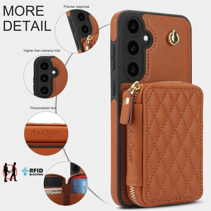 For Samsung Galaxy S23 FE 5G AwQuer Crossbody Zipper Wallet Rhombic Leather Back Phone Case(Brown)