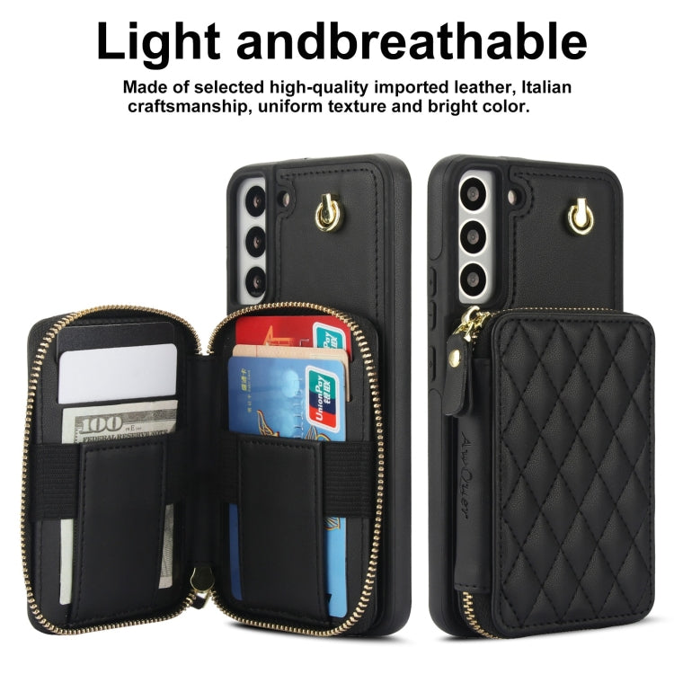 For Samsung Galaxy S22 5G AwQuer Crossbody Zipper Wallet Rhombic Leather Back Phone Case(Black)