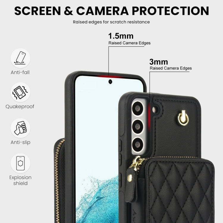 For Samsung Galaxy S22 5G AwQuer Crossbody Zipper Wallet Rhombic Leather Back Phone Case(Black)