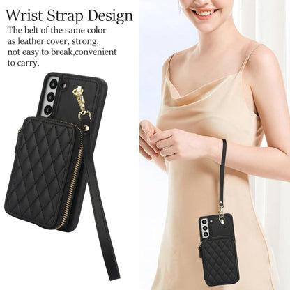 For Samsung Galaxy S22 5G AwQuer Crossbody Zipper Wallet Rhombic Leather Back Phone Case(Black)