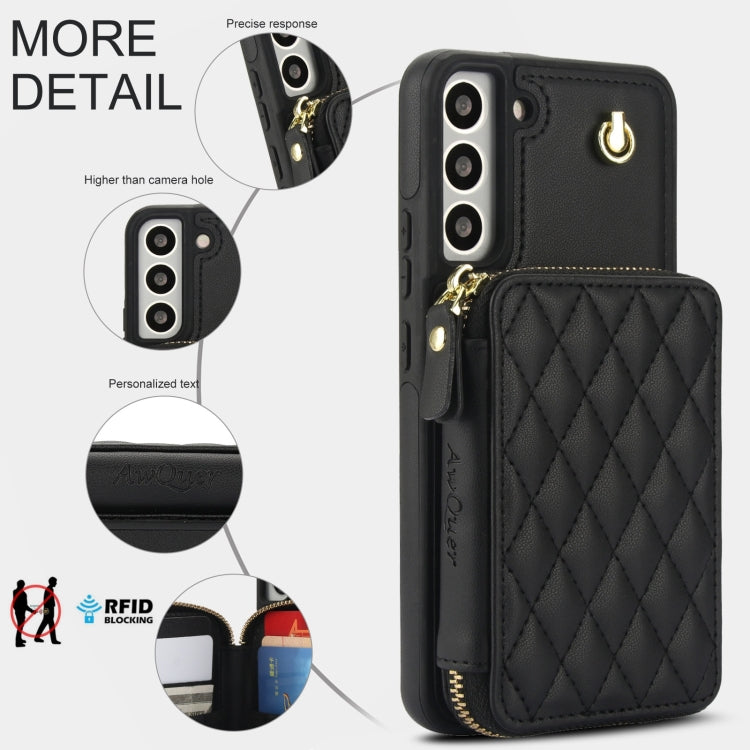 For Samsung Galaxy S22 5G AwQuer Crossbody Zipper Wallet Rhombic Leather Back Phone Case(Black)