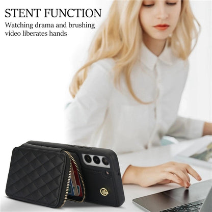 For Samsung Galaxy S22 5G AwQuer Crossbody Zipper Wallet Rhombic Leather Back Phone Case(Black)