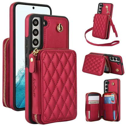 For Samsung Galaxy S22 5G AwQuer Crossbody Zipper Wallet Rhombic Leather Back Phone Case(Red)