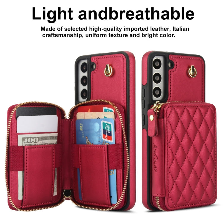 For Samsung Galaxy S22 5G AwQuer Crossbody Zipper Wallet Rhombic Leather Back Phone Case(Red)
