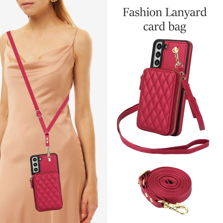 For Samsung Galaxy S22 5G AwQuer Crossbody Zipper Wallet Rhombic Leather Back Phone Case(Red)