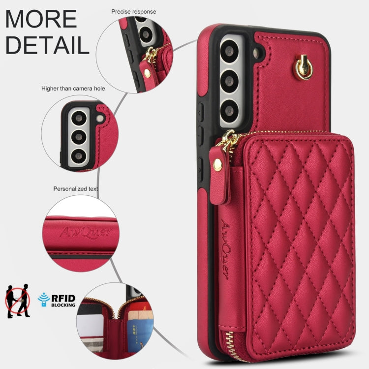 For Samsung Galaxy S22 5G AwQuer Crossbody Zipper Wallet Rhombic Leather Back Phone Case(Red)