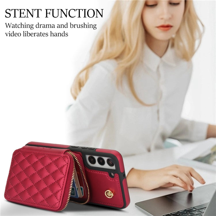 For Samsung Galaxy S22 5G AwQuer Crossbody Zipper Wallet Rhombic Leather Back Phone Case(Red)