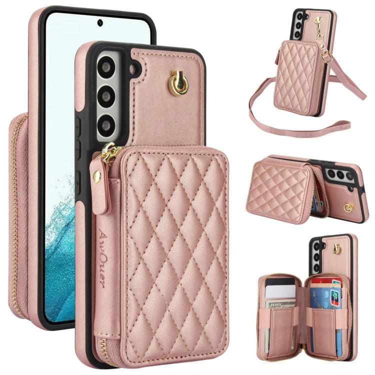 For Samsung Galaxy S22 5G AwQuer Crossbody Zipper Wallet Rhombic Leather Back Phone Case(Rose Gold)