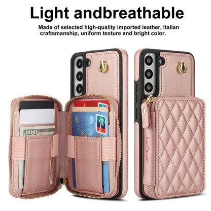 For Samsung Galaxy S22 5G AwQuer Crossbody Zipper Wallet Rhombic Leather Back Phone Case(Rose Gold)