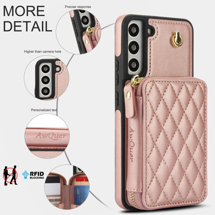 For Samsung Galaxy S22 5G AwQuer Crossbody Zipper Wallet Rhombic Leather Back Phone Case(Rose Gold)