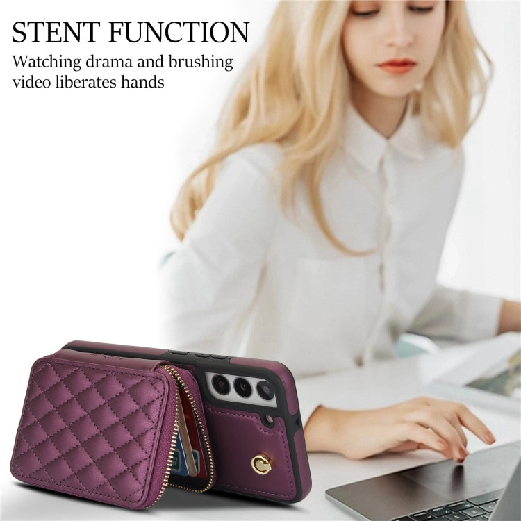 For Samsung Galaxy S22 5G AwQuer Crossbody Zipper Wallet Rhombic Leather Back Phone Case(Dark Purple)