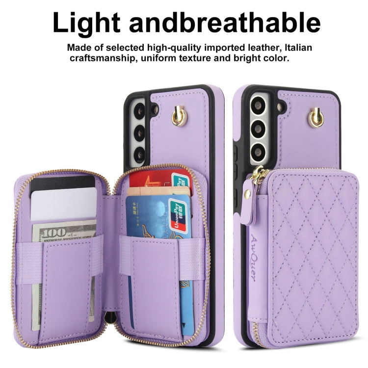 For Samsung Galaxy S22 5G AwQuer Crossbody Zipper Wallet Rhombic Leather Back Phone Case(Purple)