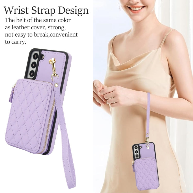 For Samsung Galaxy S22 5G AwQuer Crossbody Zipper Wallet Rhombic Leather Back Phone Case(Purple)