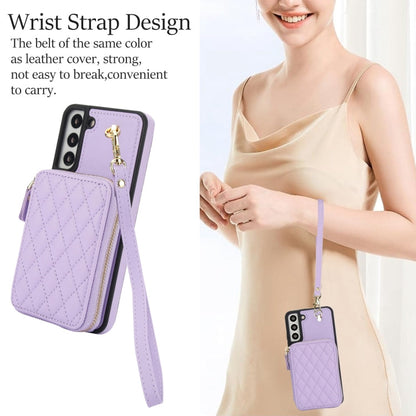 For Samsung Galaxy S22 5G AwQuer Crossbody Zipper Wallet Rhombic Leather Back Phone Case(Purple)