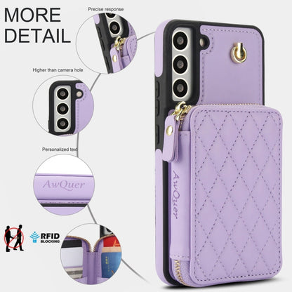 For Samsung Galaxy S22 5G AwQuer Crossbody Zipper Wallet Rhombic Leather Back Phone Case(Purple)