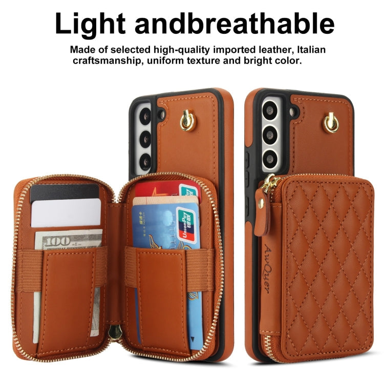 For Samsung Galaxy S22 5G AwQuer Crossbody Zipper Wallet Rhombic Leather Back Phone Case(Brown)