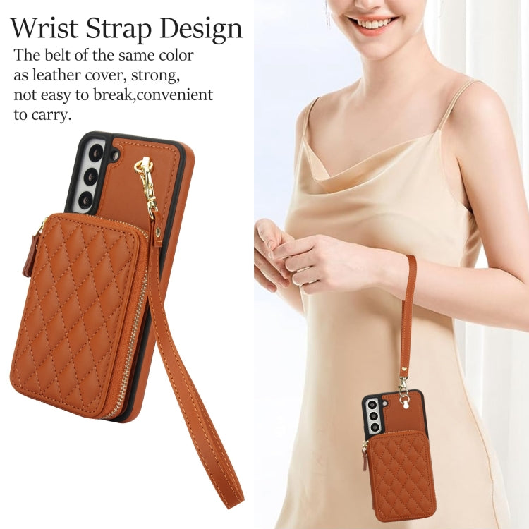 For Samsung Galaxy S22 5G AwQuer Crossbody Zipper Wallet Rhombic Leather Back Phone Case(Brown)