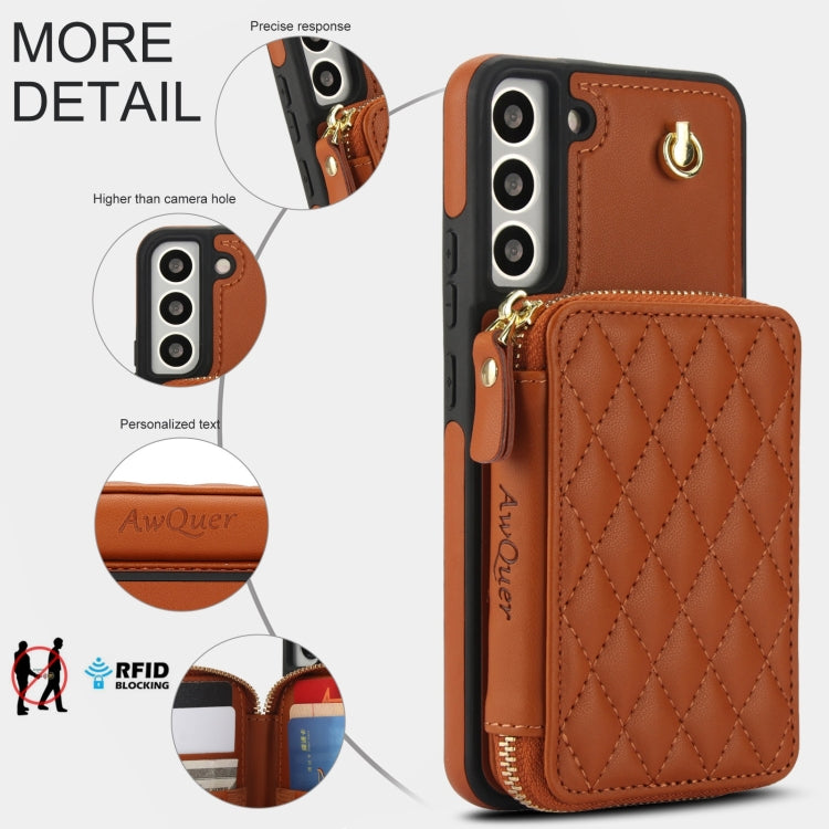 For Samsung Galaxy S22 5G AwQuer Crossbody Zipper Wallet Rhombic Leather Back Phone Case(Brown)